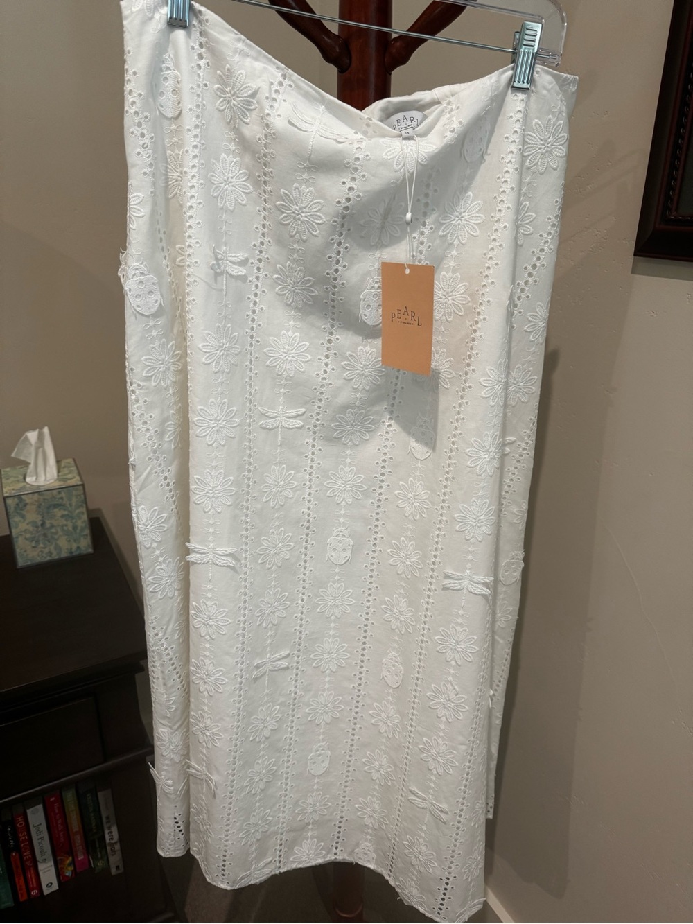 Pearl Label White Eyelet Embroidered Midi A-line Skirt - Floral Dragonfly motif